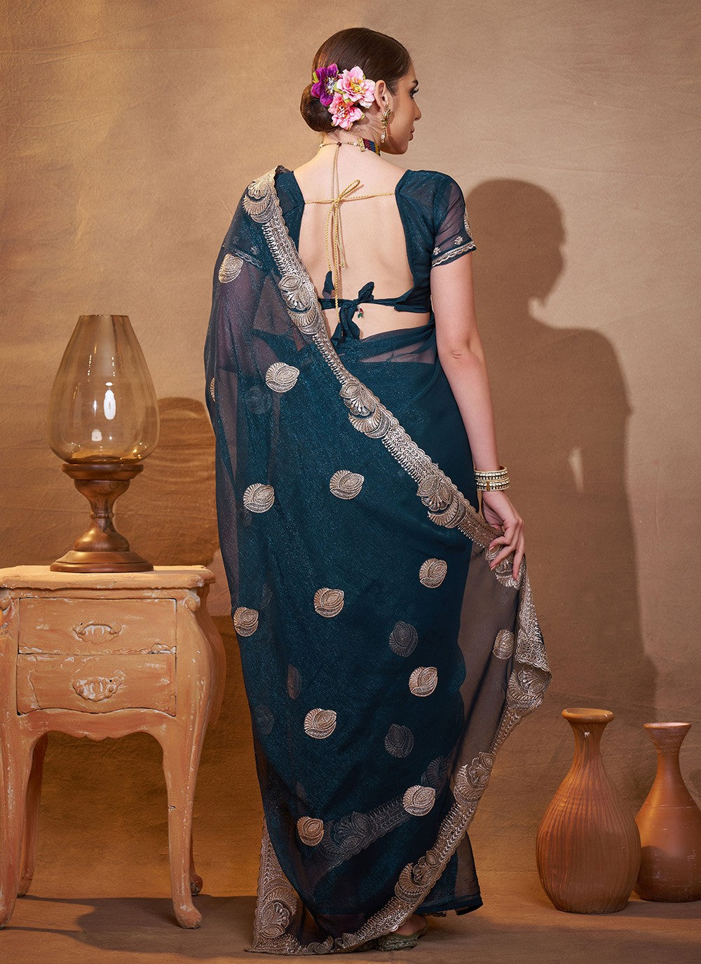 Embroidered Chiffon Teal Saree S14415