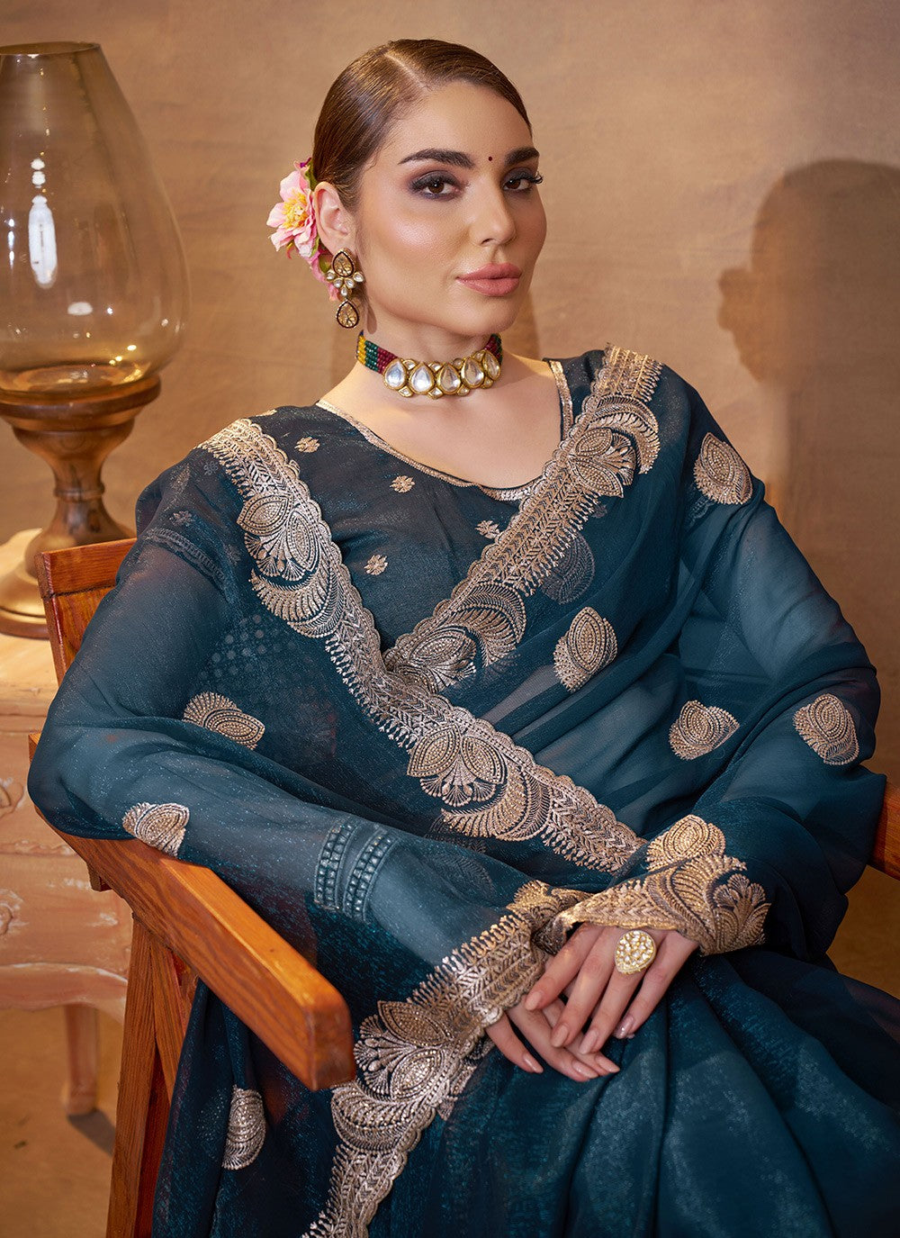 Embroidered Chiffon Teal Saree S14415