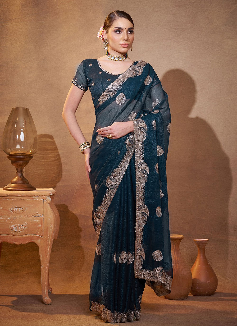 Embroidered Chiffon Teal Saree S14415