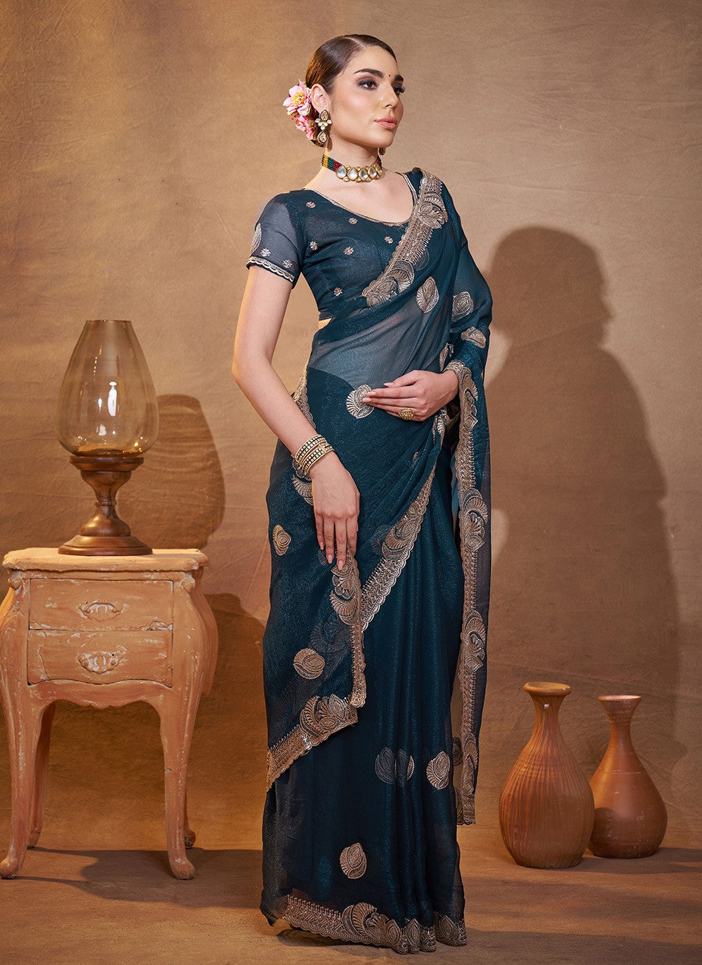 Embroidered Chiffon Teal Saree S14415