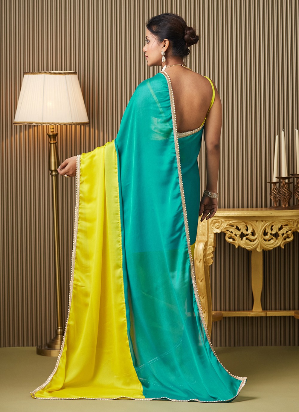 Teal Chiffon Contemporary Saree Mirror S16936