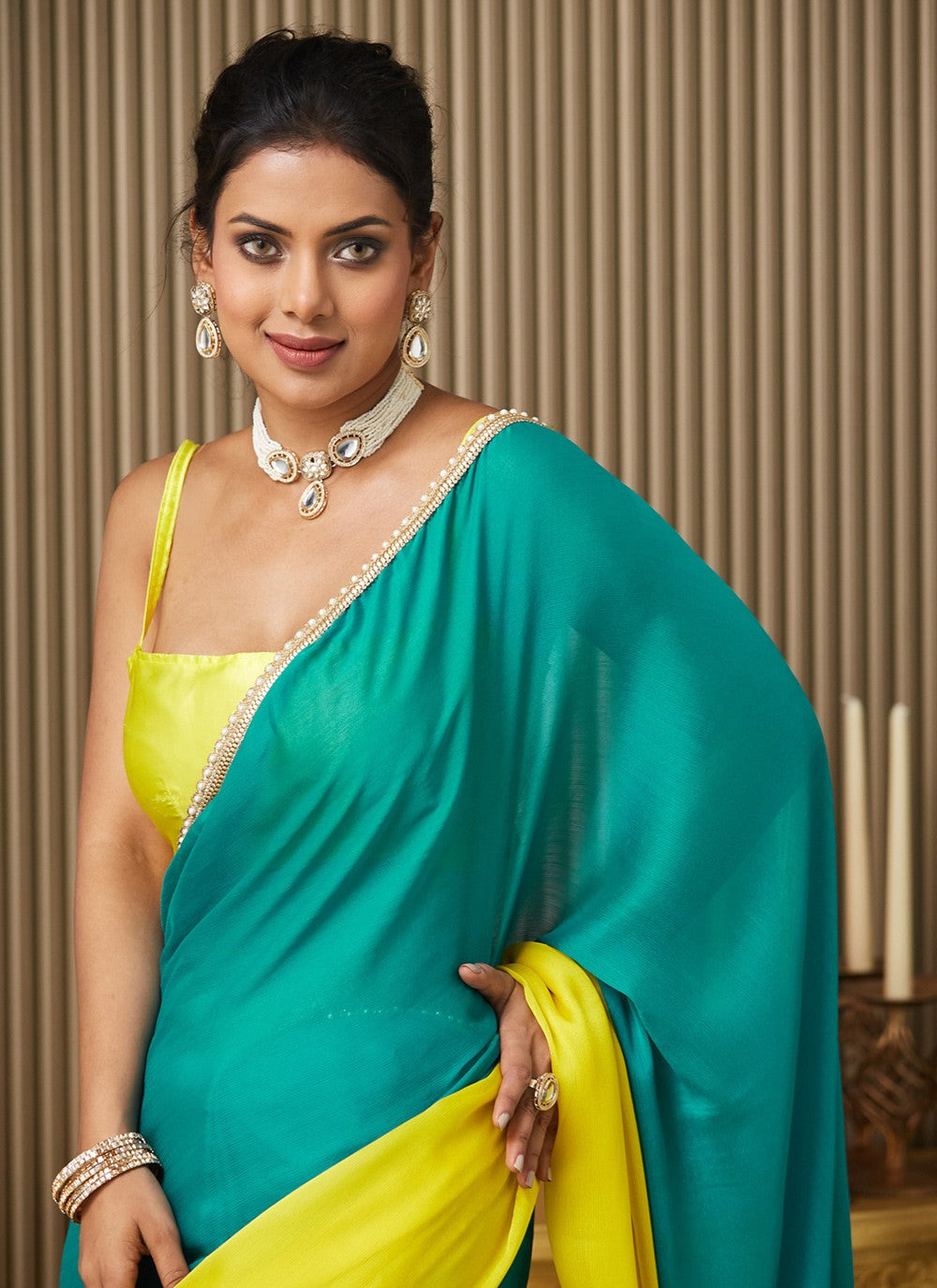 Teal Chiffon Contemporary Saree Mirror S16936