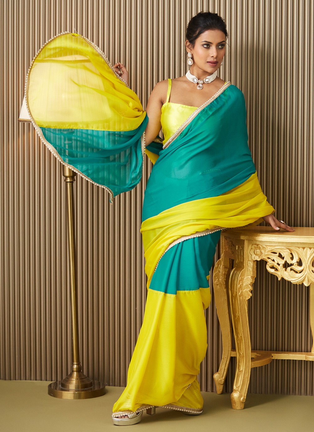 Teal Chiffon Contemporary Saree Mirror S16936