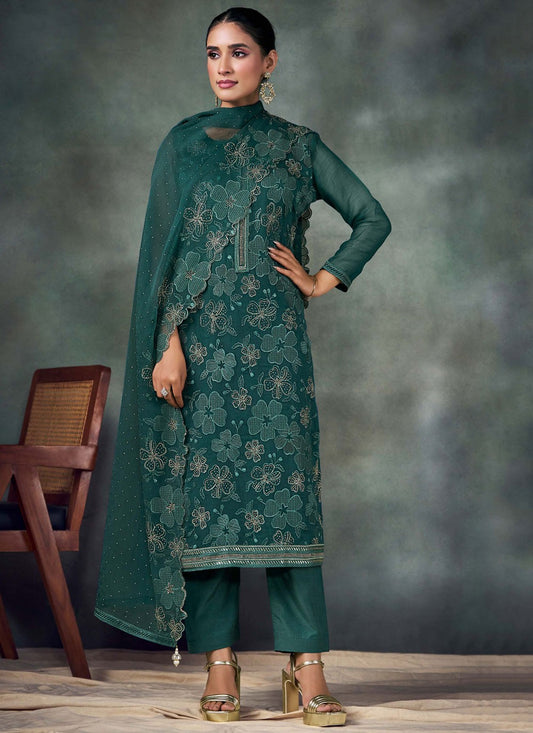 Salwar Suit Embroidered Teal Chiffon T5498