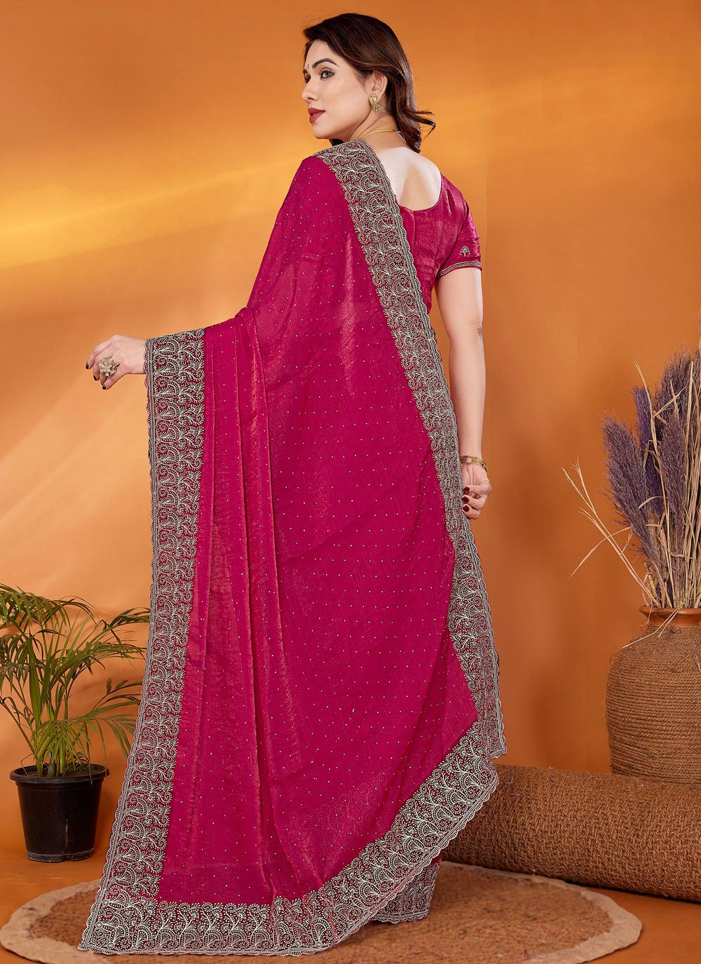 Embroidered Chiffon Hot Pink Traditional Saree S14918