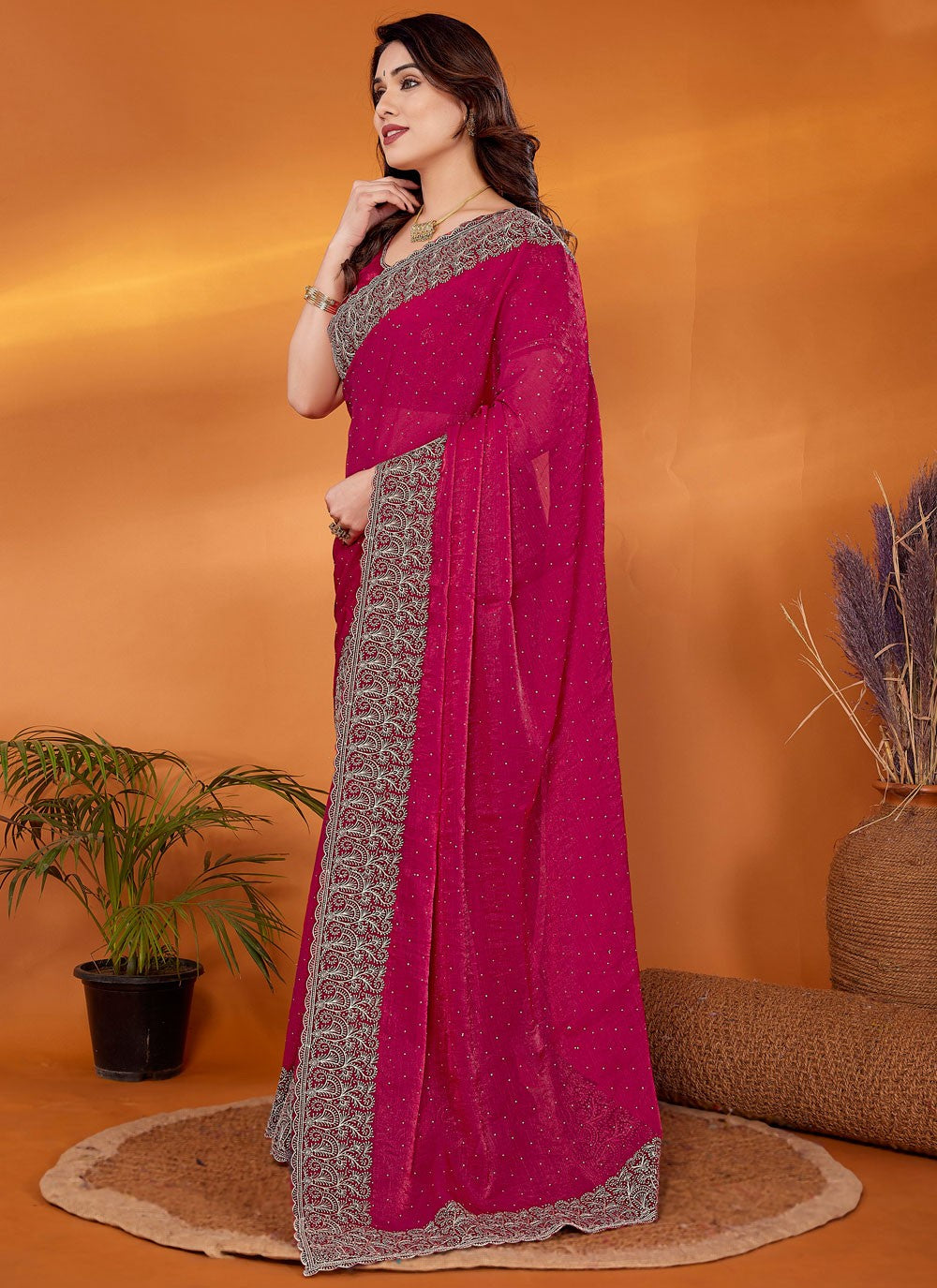 Embroidered Chiffon Hot Pink Traditional Saree S14918