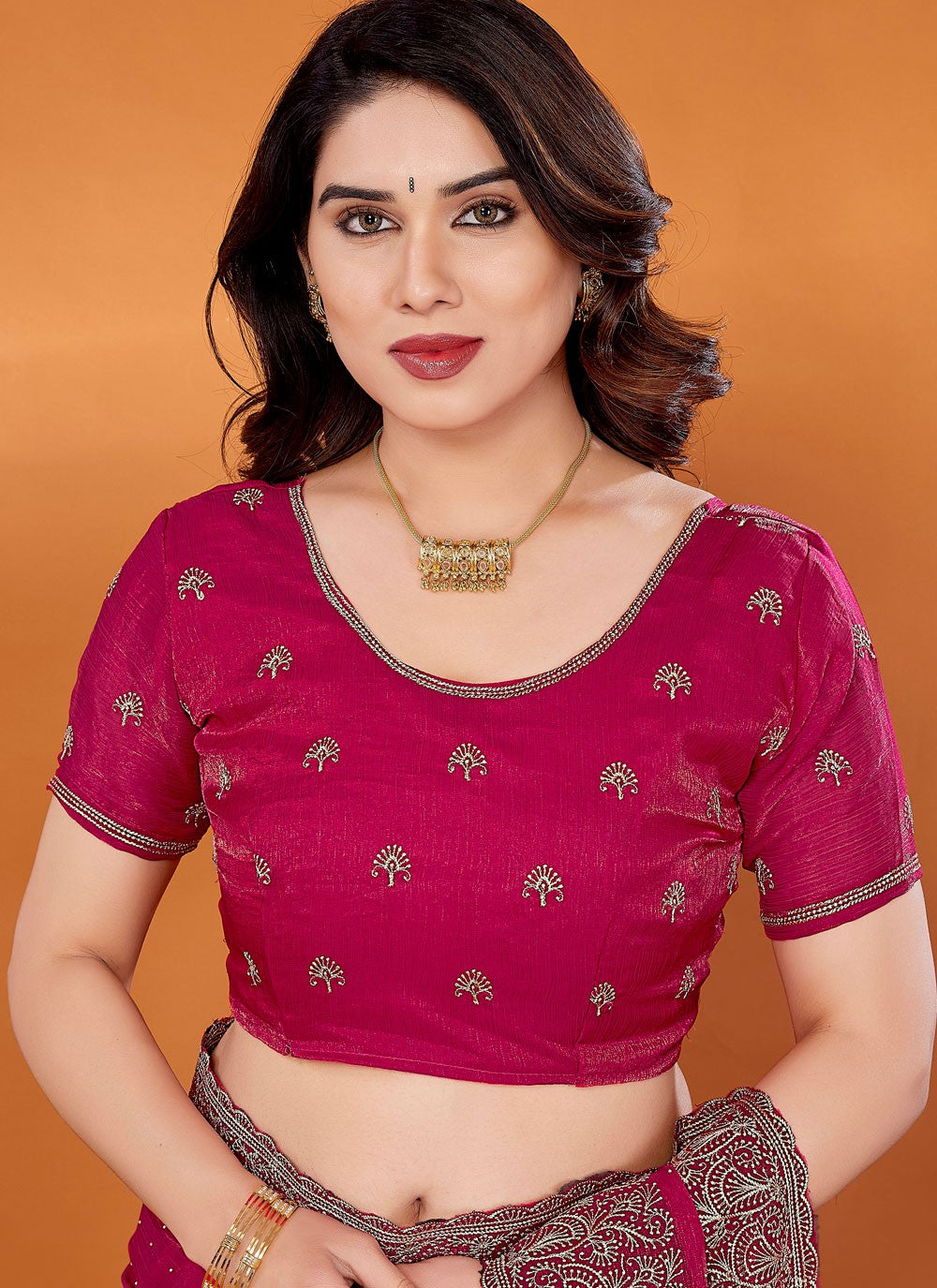 Embroidered Chiffon Hot Pink Traditional Saree S14918