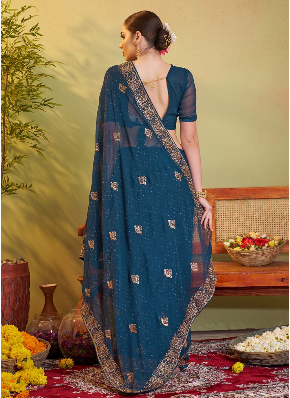 Embroidered Chiffon Teal Saree S14456