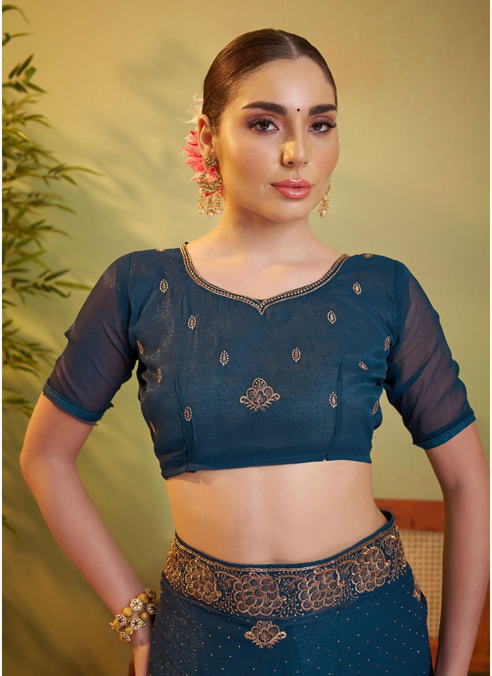 Embroidered Chiffon Teal Saree S14456