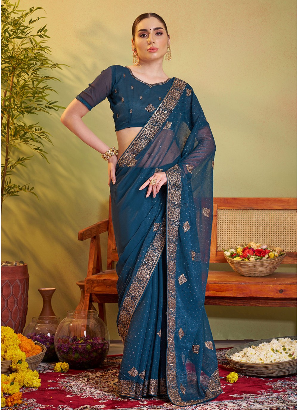 Embroidered Chiffon Teal Saree S14456