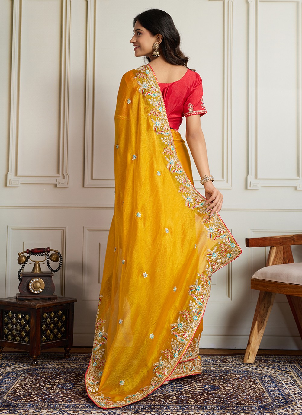 Yellow Chiffon Trendy Saree Embroidered S19117