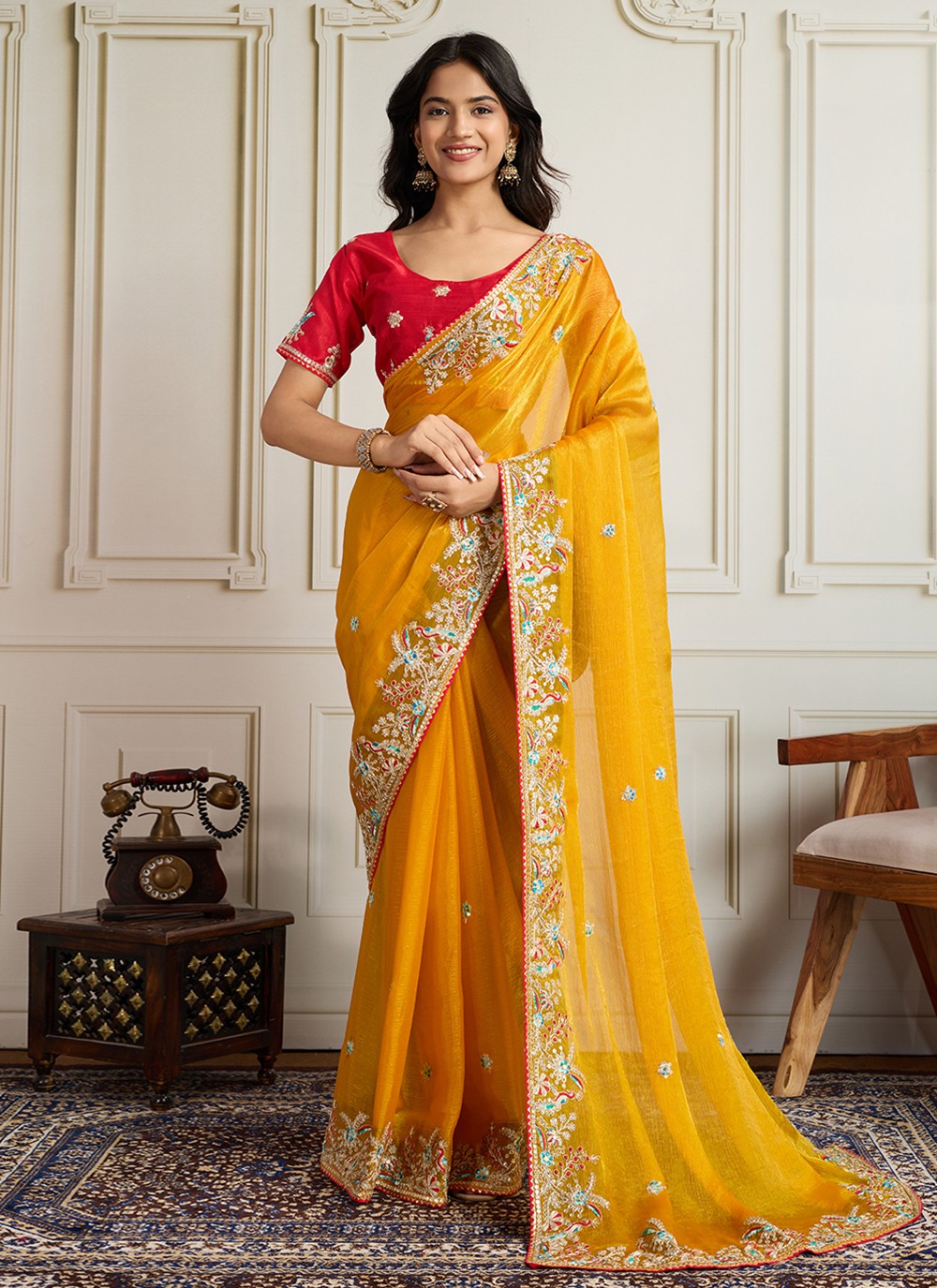 Yellow Chiffon Trendy Saree Embroidered S19117