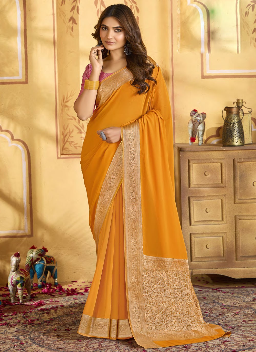 Traditional Jacquard Work Yellow Chiffon Saree S13346