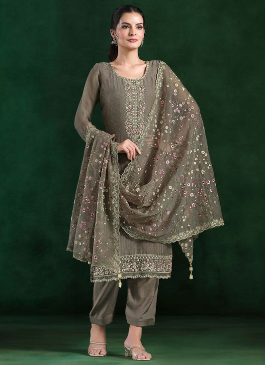 Pant Style Suit Cutdana, Embroidered, Zari Grey T7307