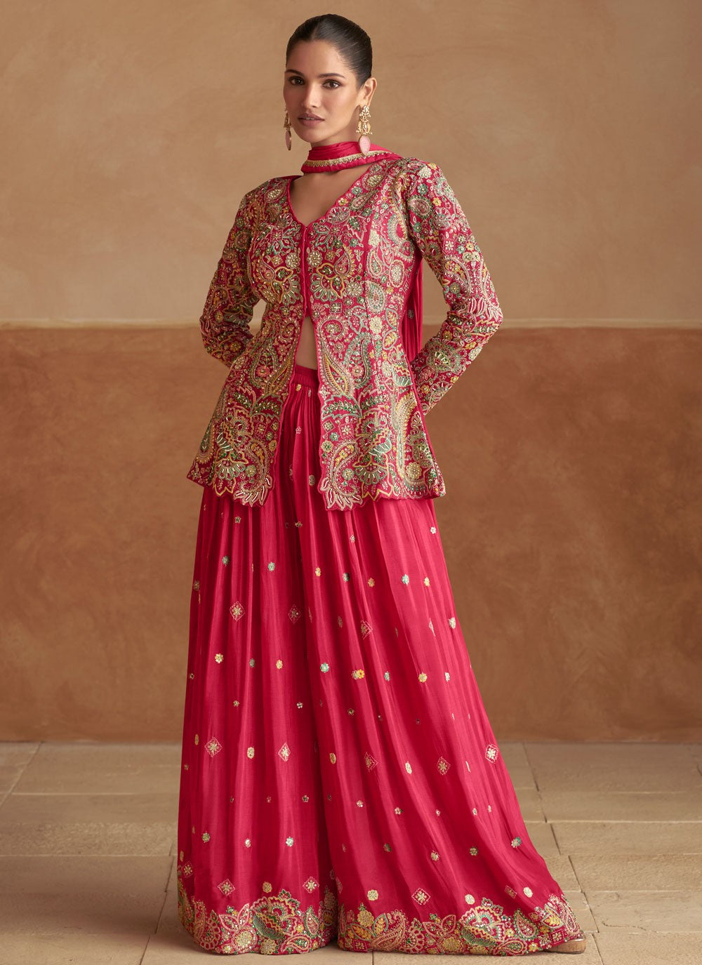 Palazzo Suit Beads, Embroidered, Fancy Work, Zari Hot Pink T8275