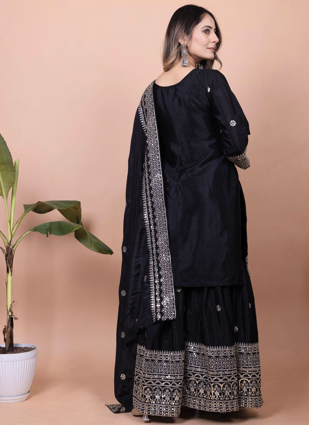 Palazzo Suit Sequins, Thread, Zari Black T7146