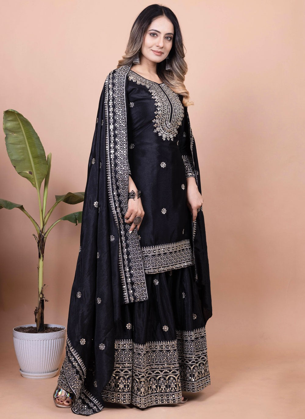Palazzo Suit Sequins, Thread, Zari Black T7146