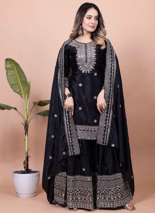Palazzo Suit Sequins, Thread, Zari Black T7146