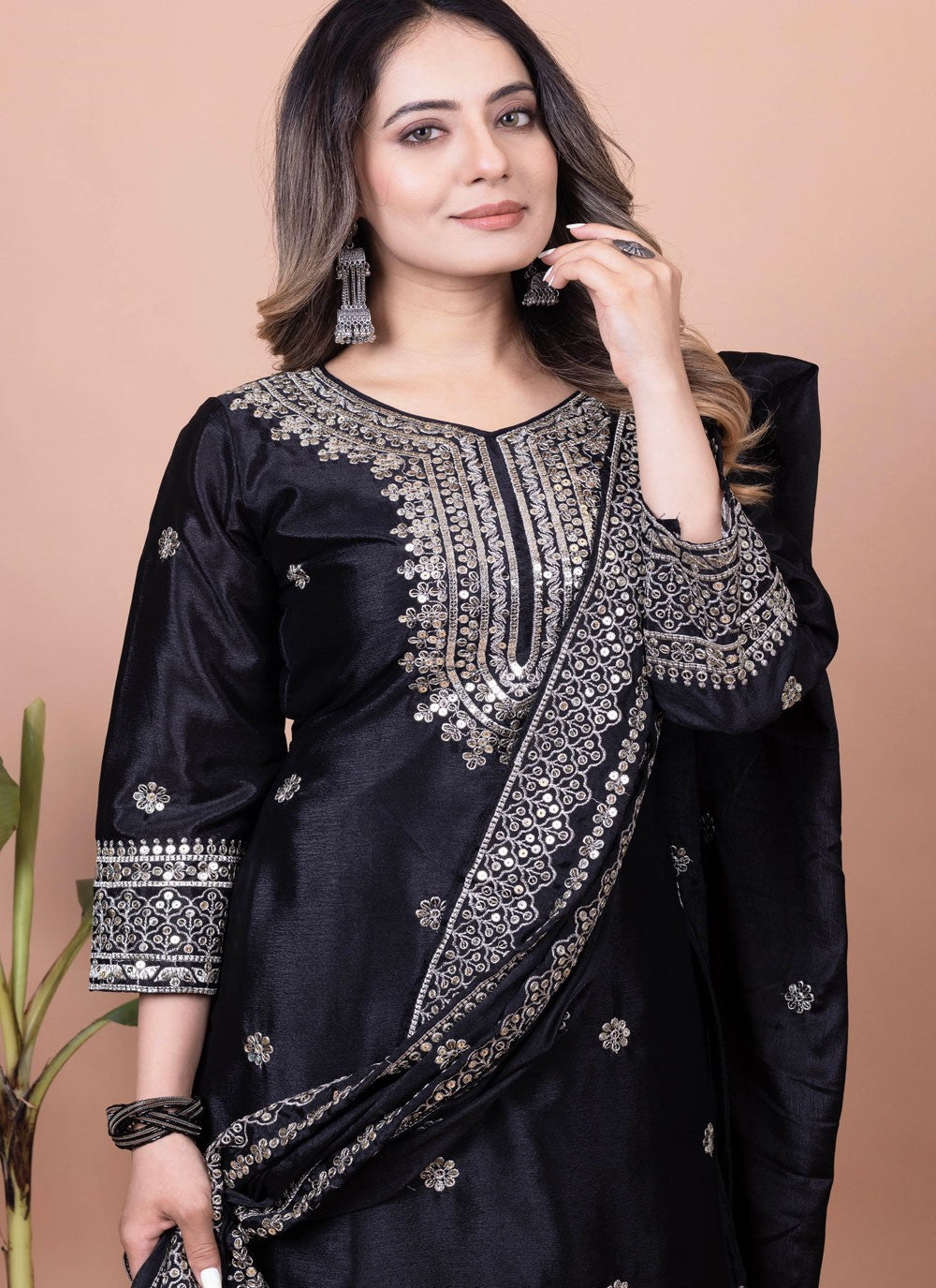 Palazzo Suit Sequins, Thread, Zari Black T7146