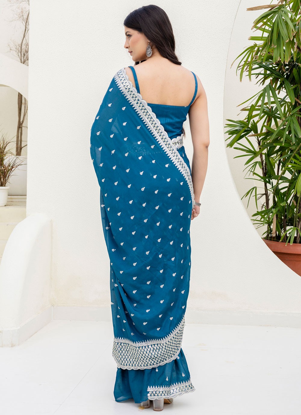 Blue Chinon Contemporary Saree Border Work, Buttis, Embroidered S18235