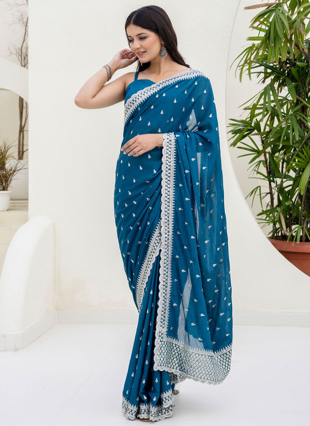 Blue Chinon Contemporary Saree Border Work, Buttis, Embroidered S18235