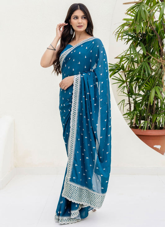 Blue Chinon Contemporary Saree Border Work, Buttis, Embroidered S18235