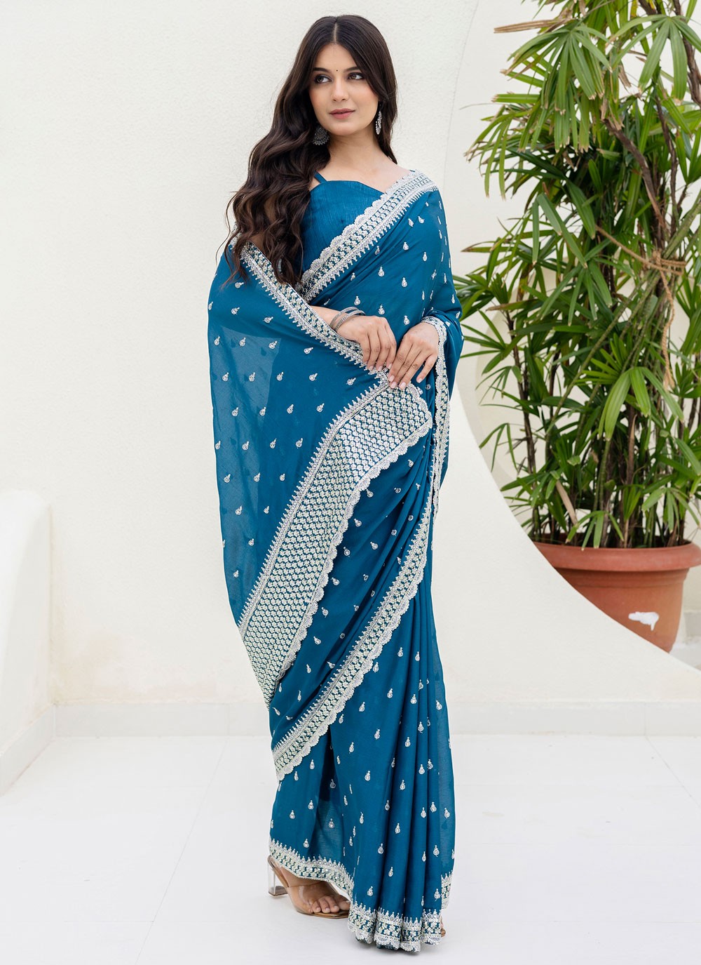 Blue Chinon Contemporary Saree Border Work, Buttis, Embroidered S18235