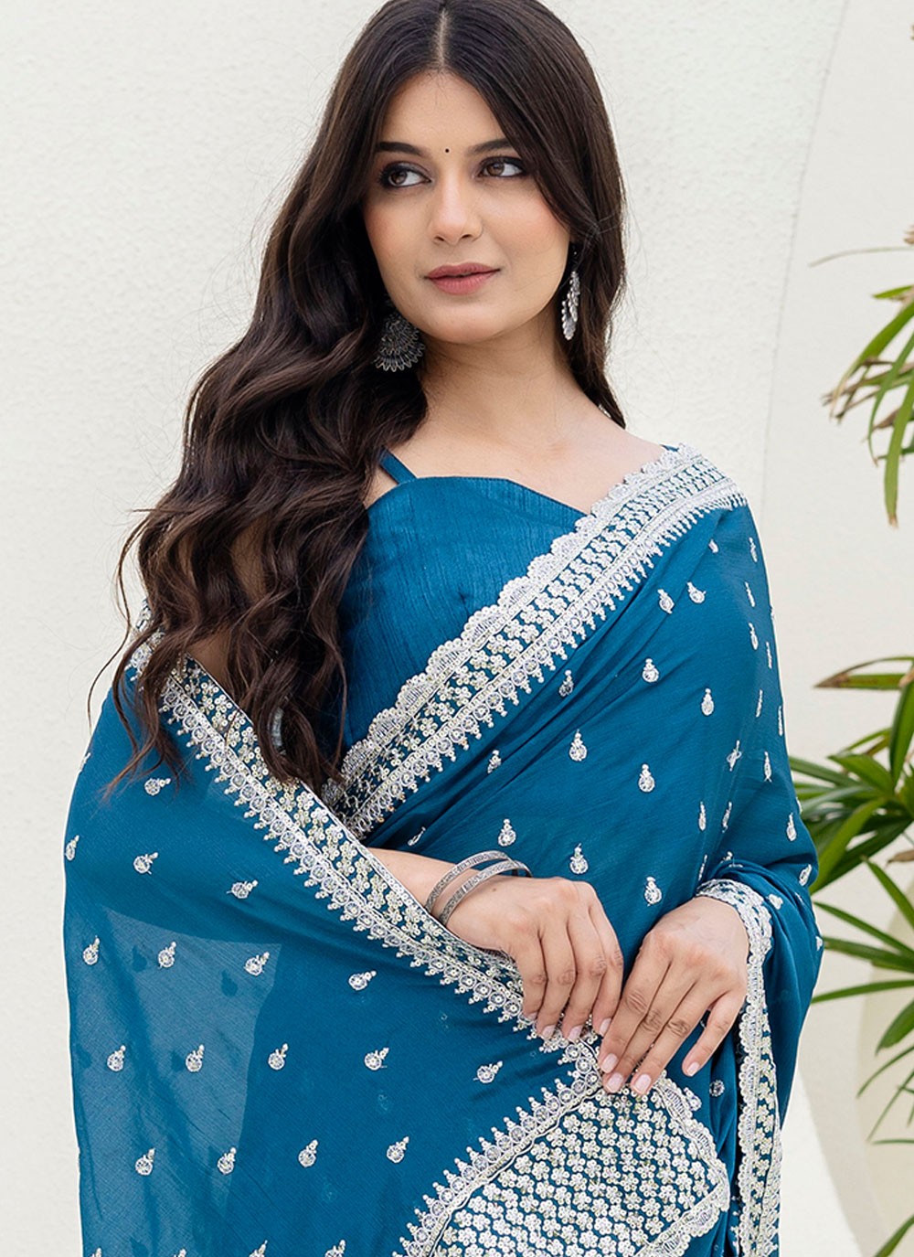 Blue Chinon Contemporary Saree Border Work, Buttis, Embroidered S18235