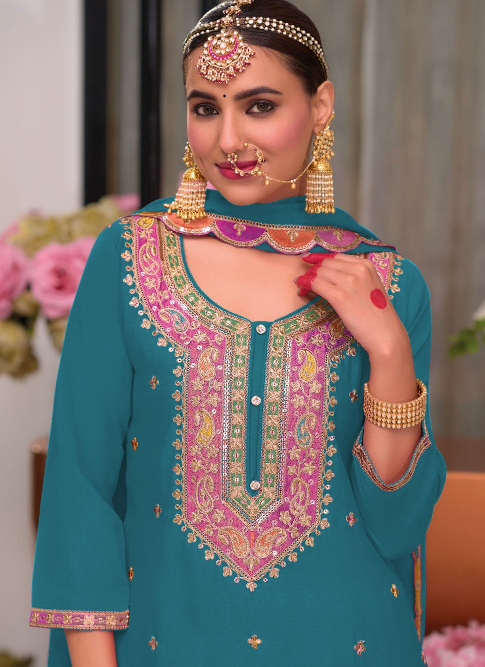 Salwar Suit Embroidered Blue Chinon T5751