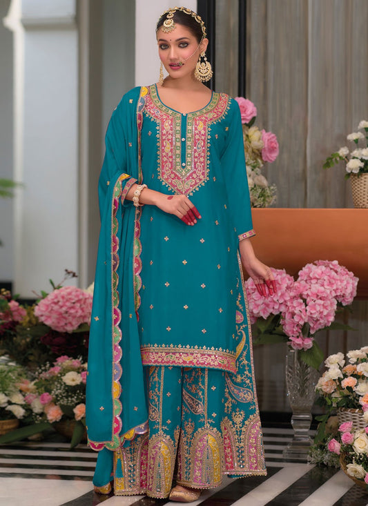 Salwar Suit Embroidered Blue Chinon T5751