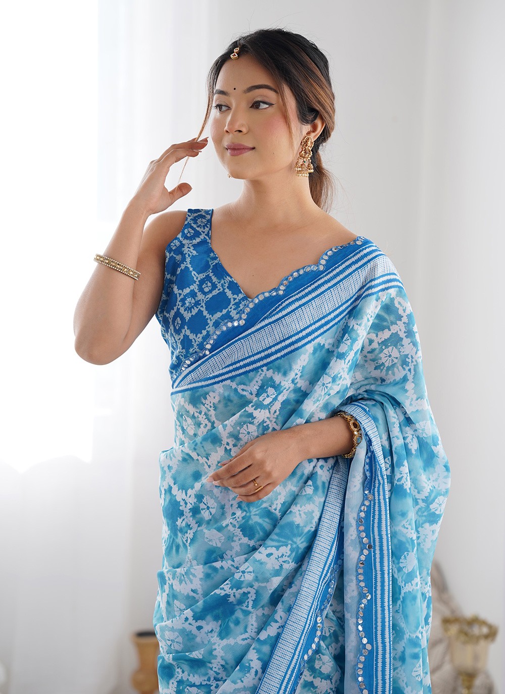 Trendy Saree Digital Print Blue Chinon Saree S12397