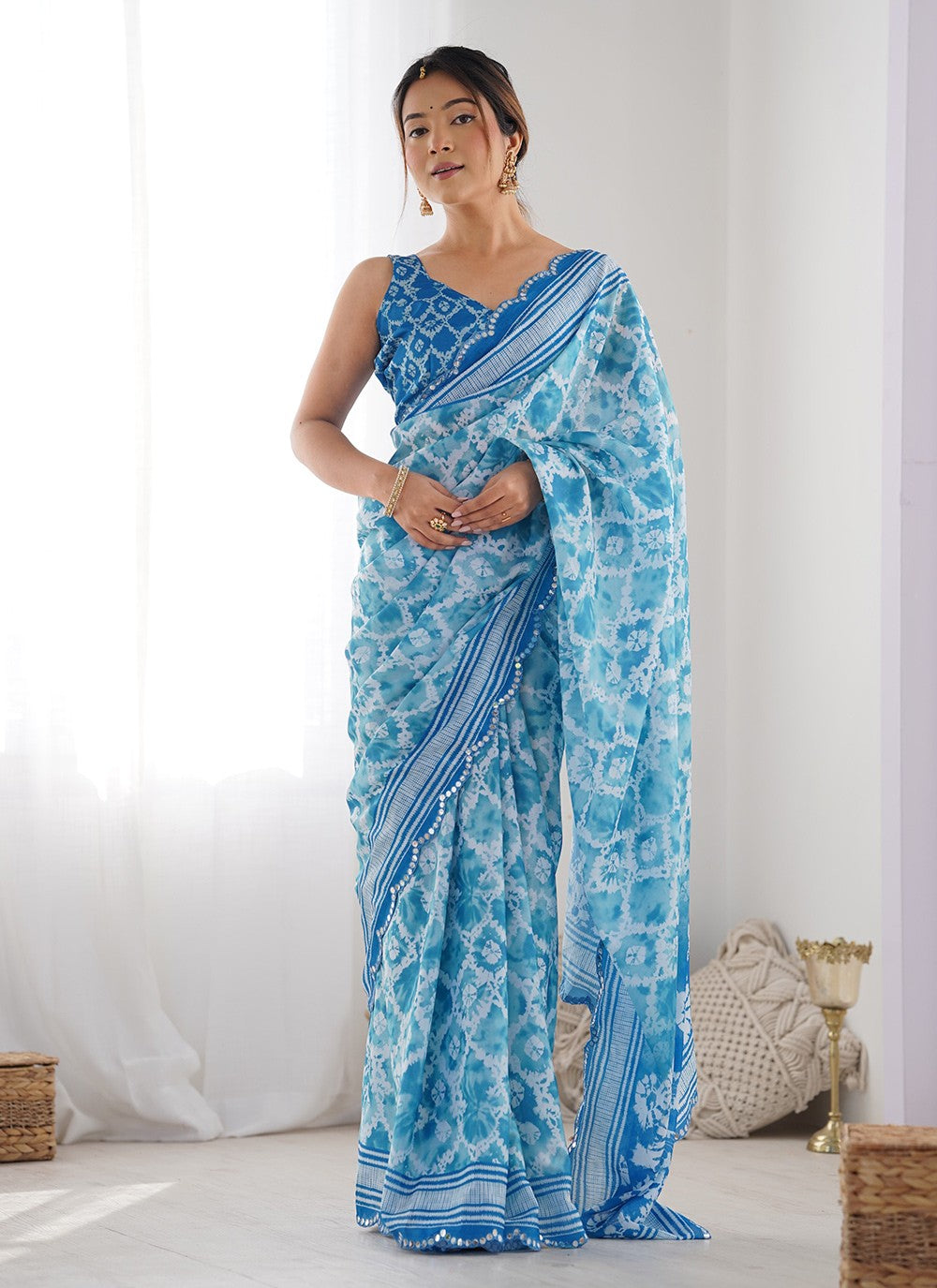 Trendy Saree Digital Print Blue Chinon Saree S12397