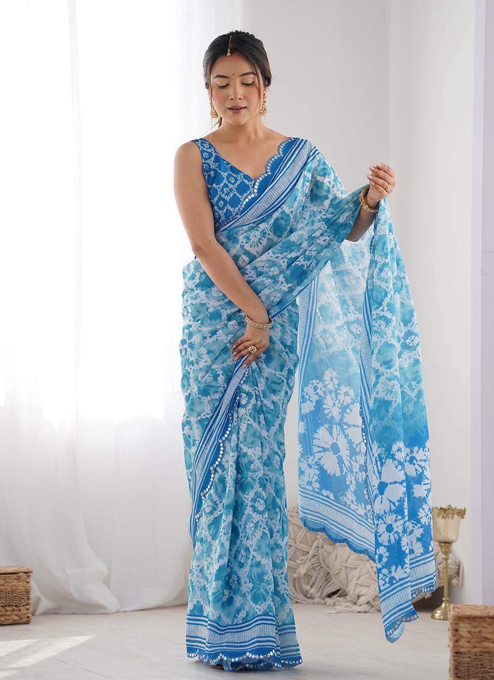 Trendy Saree Digital Print Blue Chinon S12397