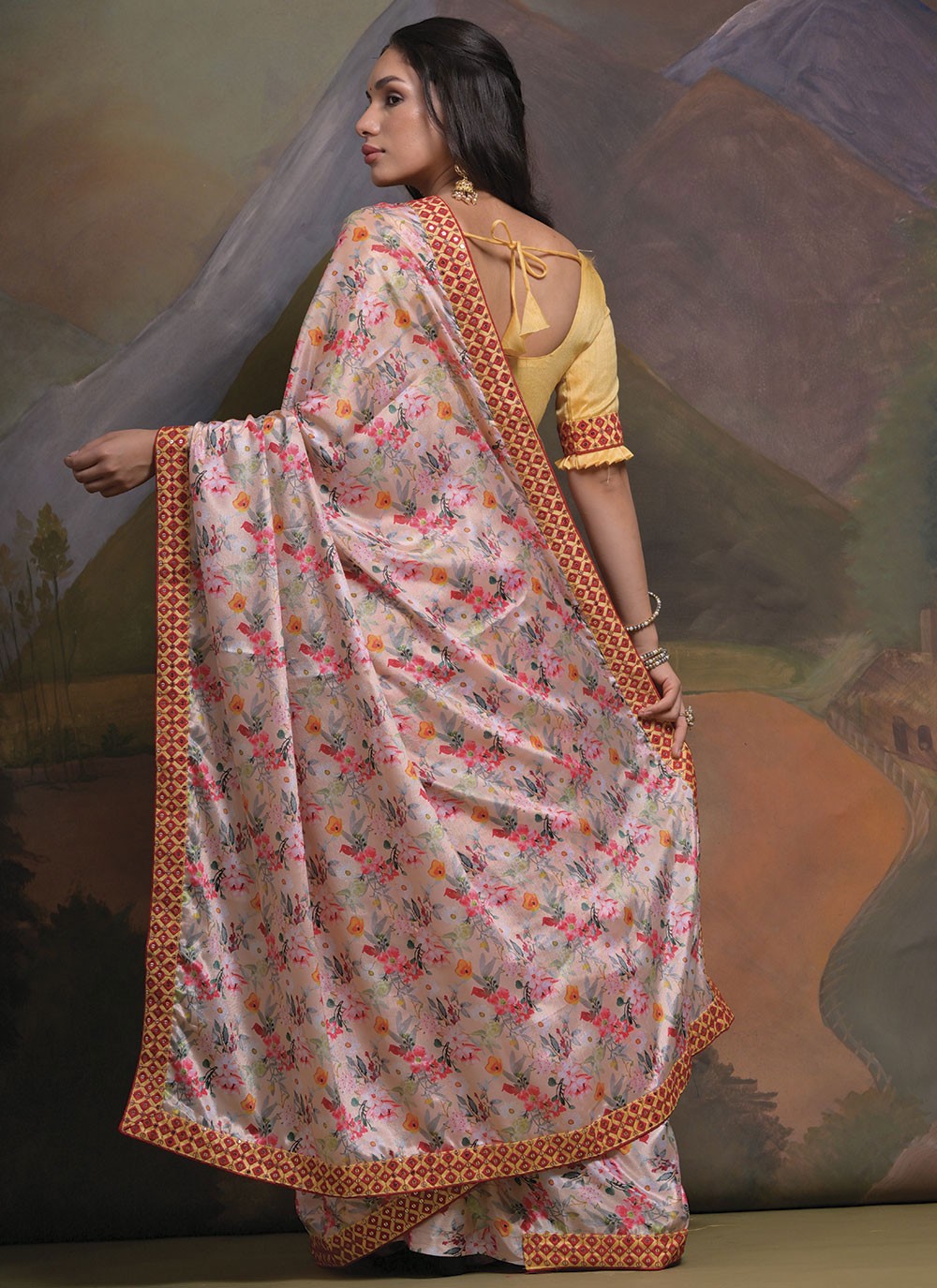 Trendy Border Work Chinon Saree - S4777