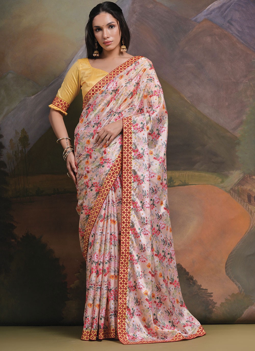 Trendy Border Work Chinon Saree - S4777