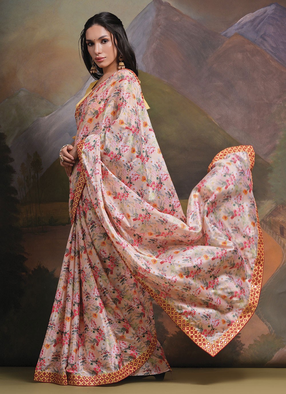 Trendy Border Work Chinon Saree - S4777
