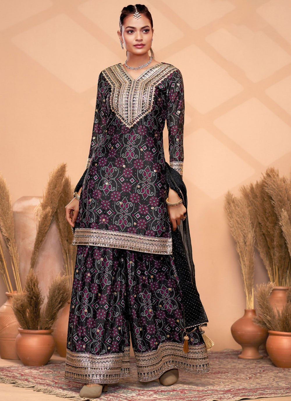 Digital Print Chinon Black Salwar Suit T5972