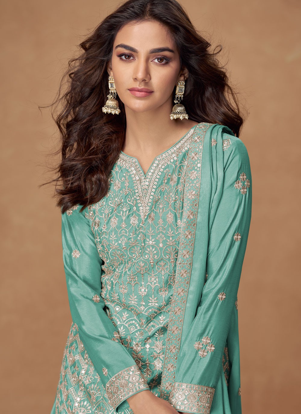 Palazzo Suit Embroidered, Zari Turquoise T7694