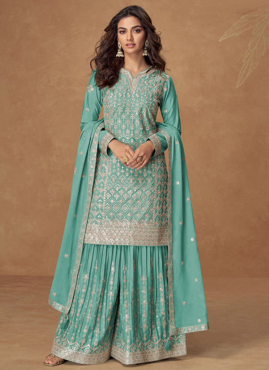 Palazzo Suit Embroidered, Zari Turquoise T7694