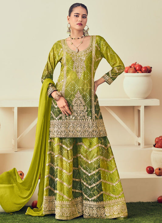 Palazzo Suit Embroidered Green Chinon T5307