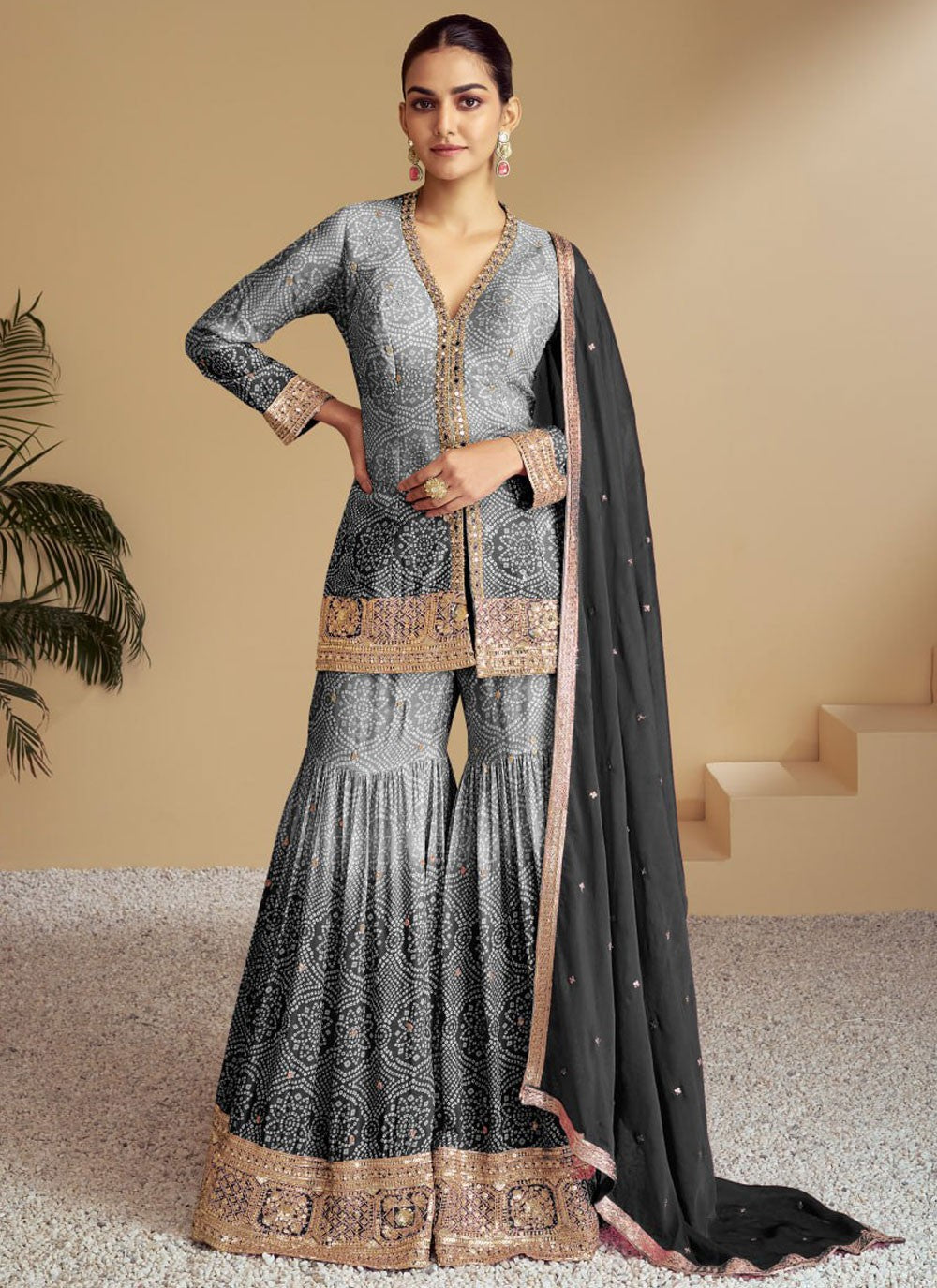 Embroidered Chinon Sharara Suit - T4581
