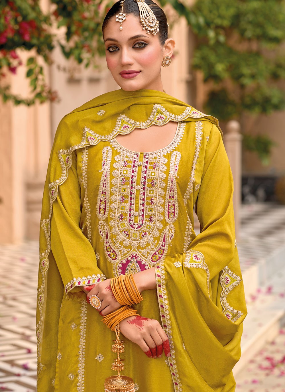 Salwar Suit Embroidered Green, Mustard Chinon T5389