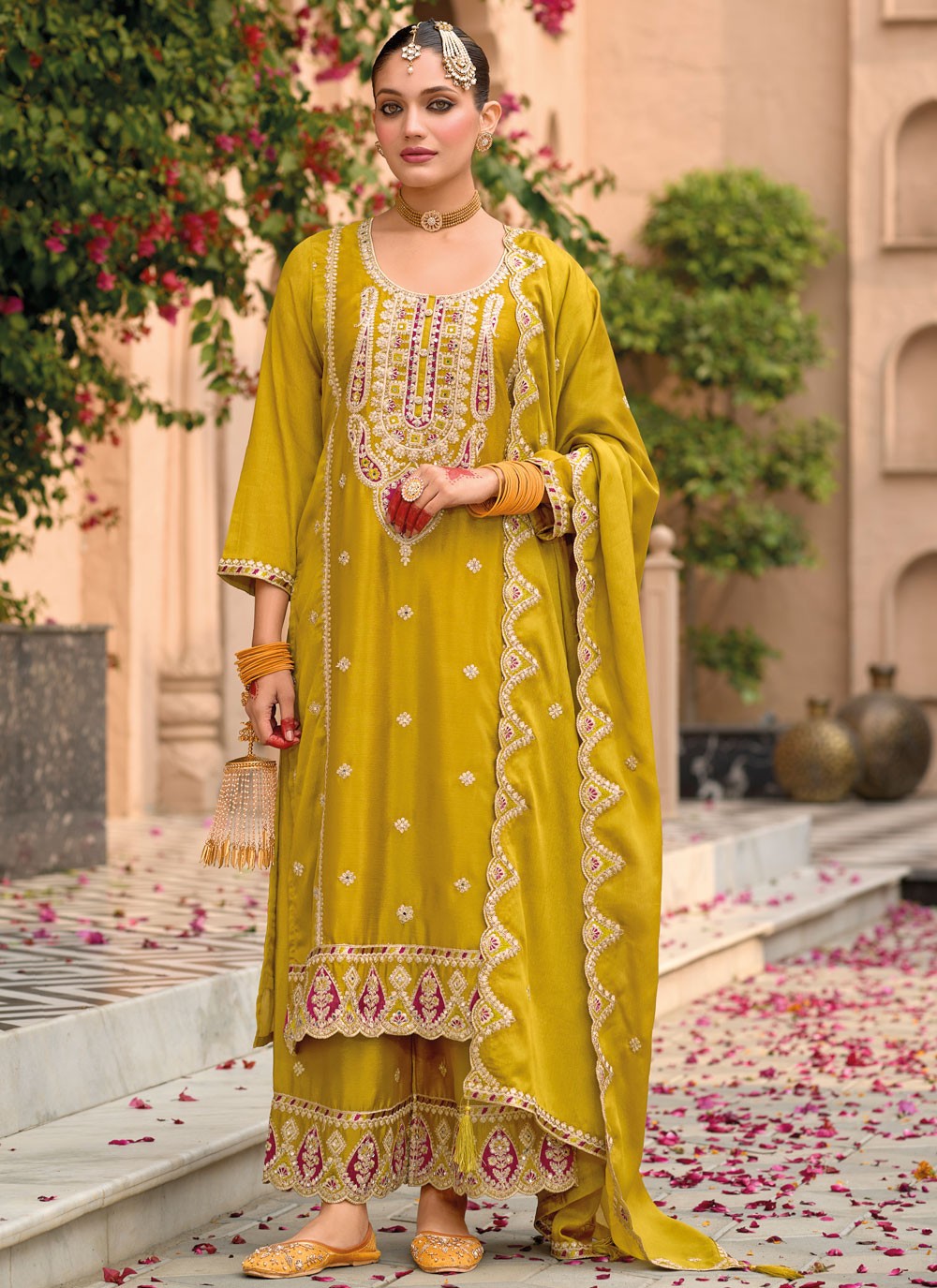 Salwar Suit Embroidered Green, Mustard Chinon T5389