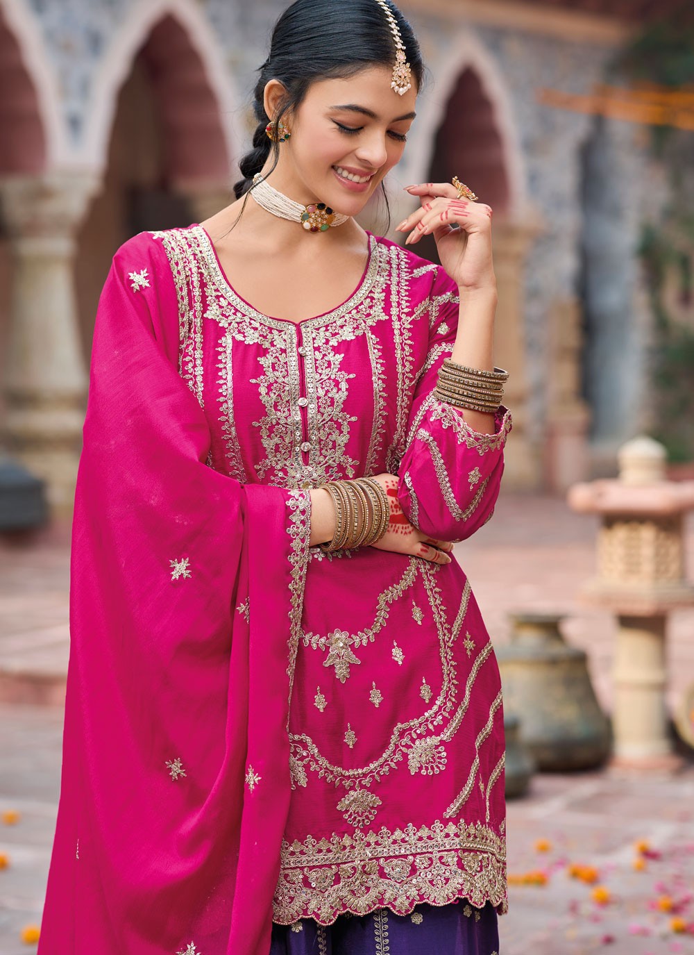 Salwar Suit Embroidered Hot Pink Chinon T5416
