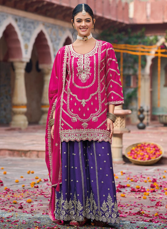 Salwar Suit Embroidered Hot Pink Chinon T5416