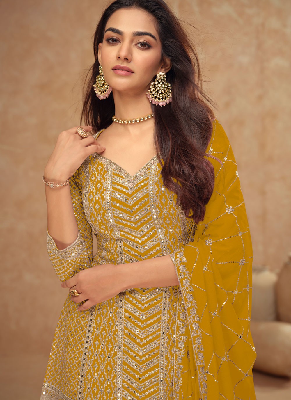 Embroidered Chinon Yellow Salwar Suit T5988