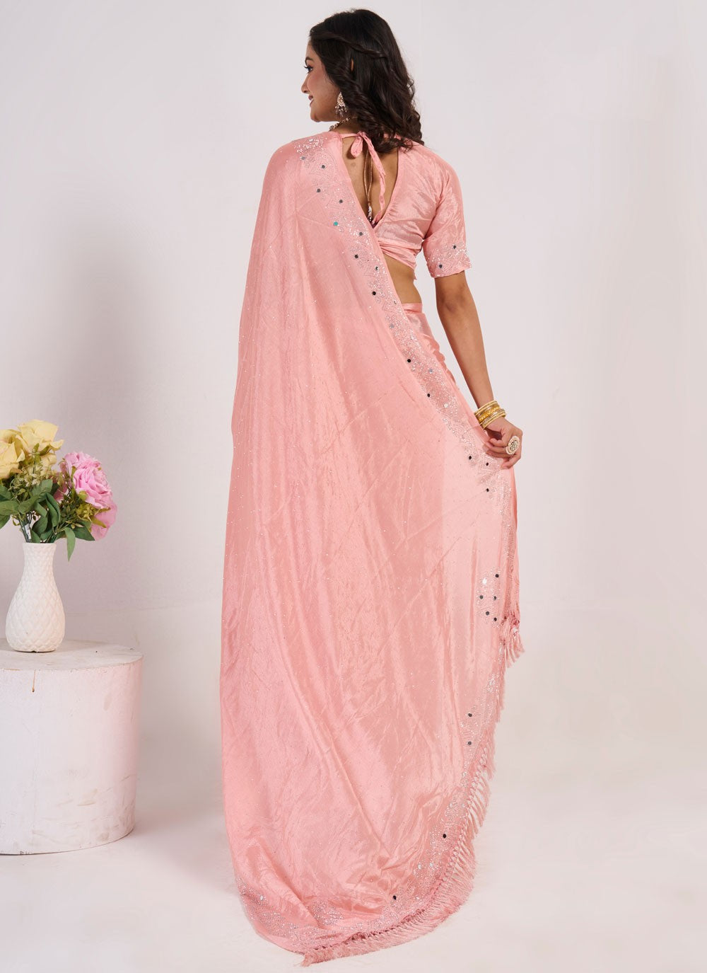 Designer Mirror Pink Chinon Saree S13063
