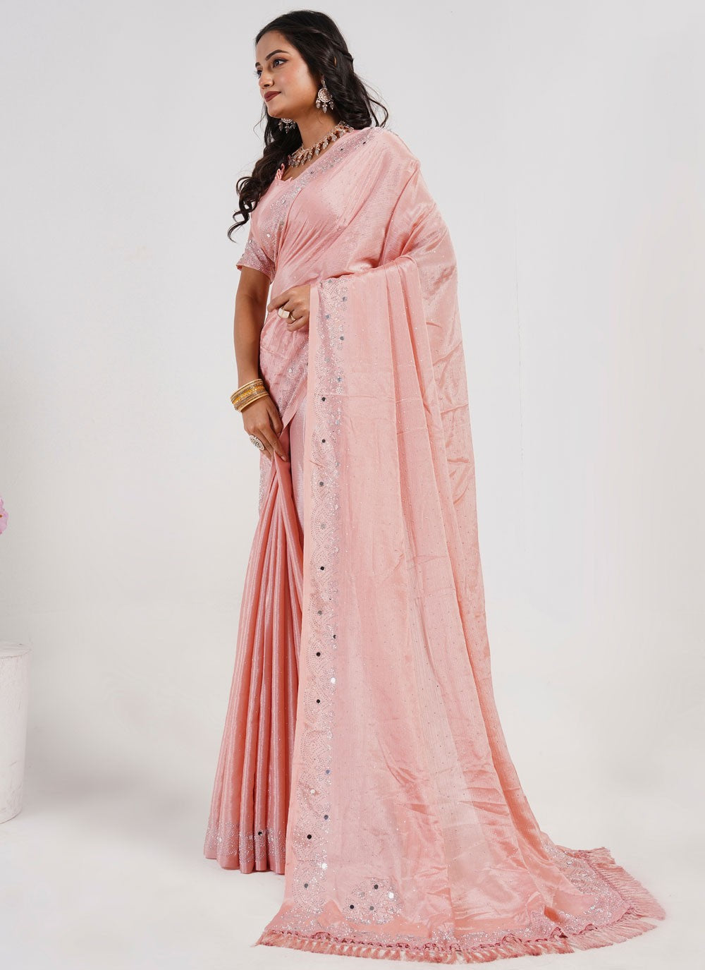 Designer Mirror Pink Chinon Saree S13063