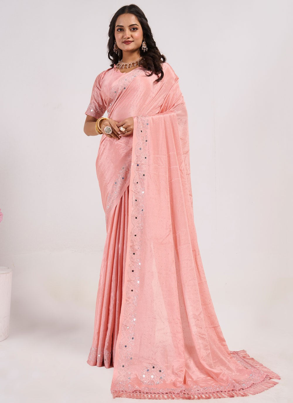 Designer Mirror Pink Chinon Saree S13063