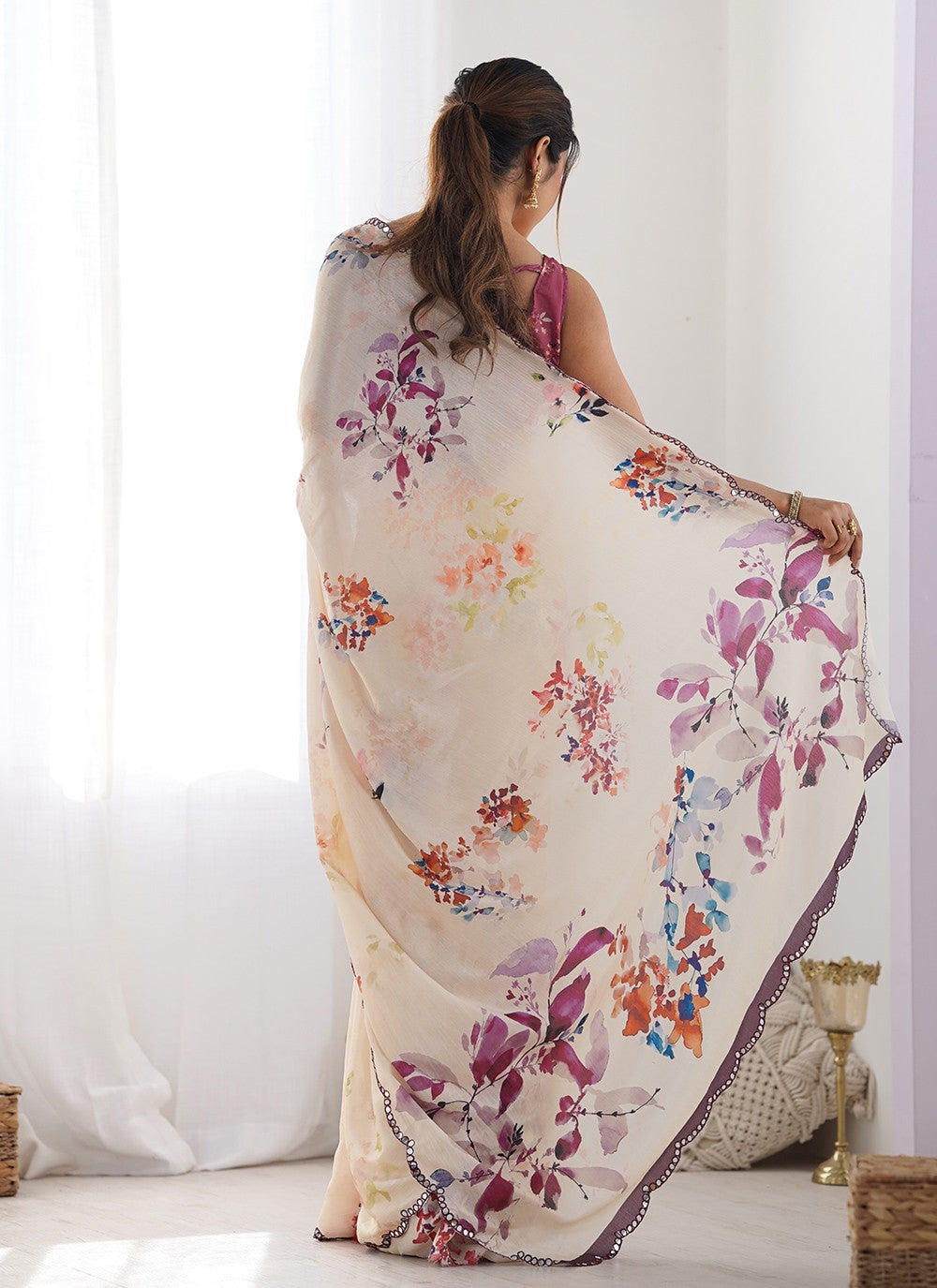 Classic Saree Digital Print Peach Chinon Saree S12395